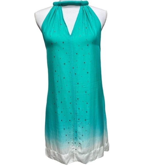 Anthropologie GREYLIN 100% Silk Turquoise Ombré Halter Draped Hem  Size S - Picture 1 of 9